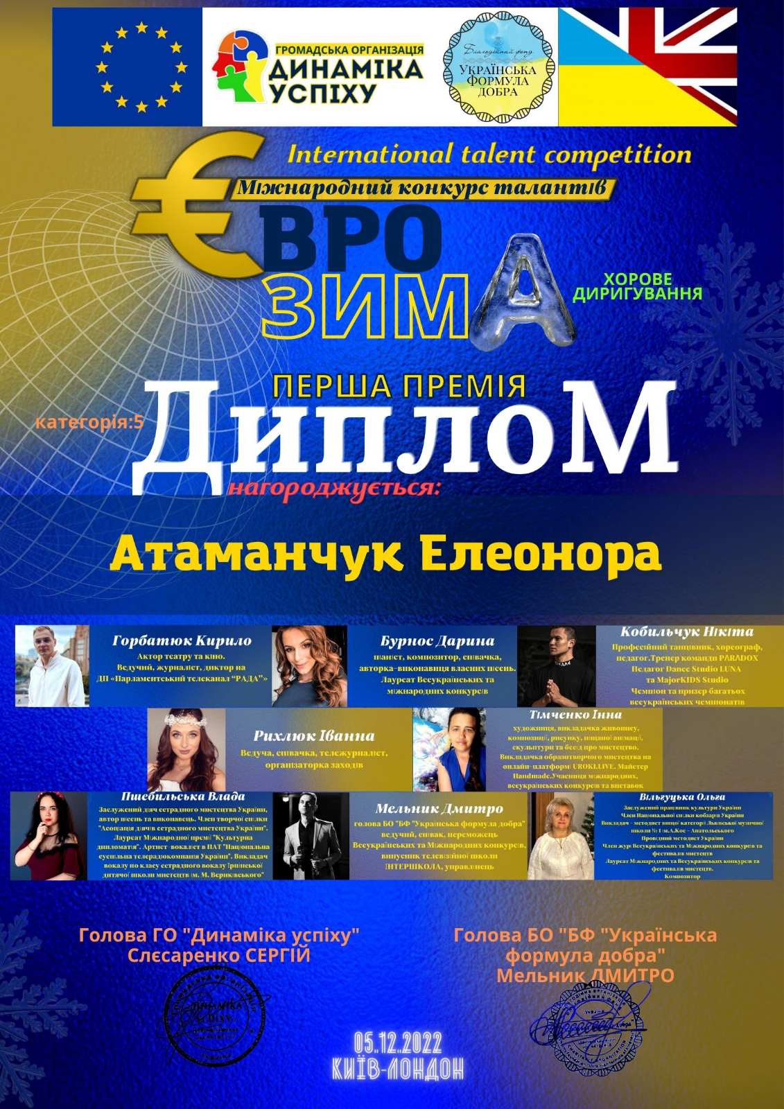 Диплом лауреата І премії  Елеонори Атаманчук